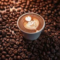 Coffee cup with latte art on coffee beans background. AI Generative photo
