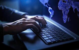 Close up of hacker hands typing on keyboard with binary code on background photo