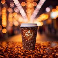 Coffee cup with latte art on coffee beans background. photo