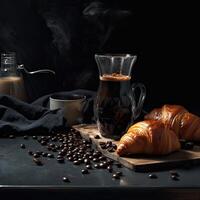 Coffee and coffee beans on black background AI generative photo