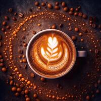Coffee cup with latte art on coffee beans background. photo