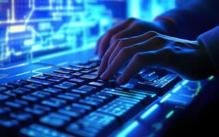 Close up of hacker hands typing on keyboard with binary code on background photo