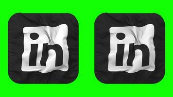 linkedin bandera icono en escudero forma aislado con llanura y bache textura, 3d representación, verde pantalla, alfa mate video