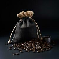 Coffee bag with coffee beans on clean surface. Studio shot. AI Generative photo