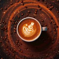 Coffee cup with latte art on coffee beans background.AI Generative photo