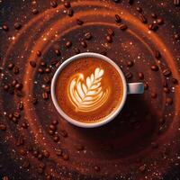 Coffee cup with latte art on coffee beans background. photo