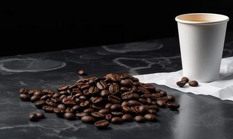 Coffee with croissant and coffee beans on black background photo