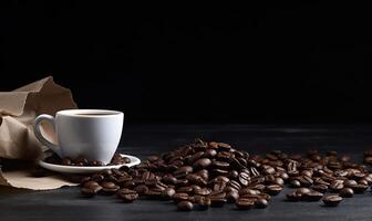 Coffee and coffee beans on black background AI generative photo