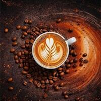 Coffee cup with latte art on coffee beans background. photo