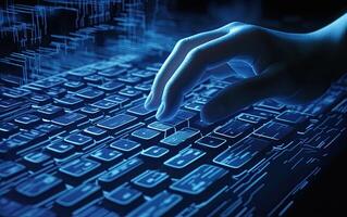 Close up of hacker hands typing on keyboard with binary code on background photo