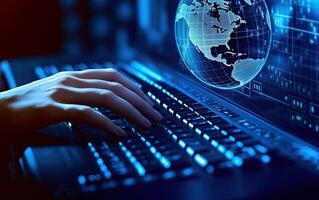 Close up of hacker hands typing on keyboard with binary code on background photo