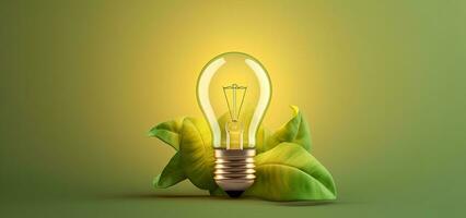 verde energía concepto con ligero bulbo y verde hojas. 3d representación, verde eco energía concepto con ligero bulbo y planta ai generativo foto