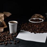 Coffee and coffee beans on black background photo
