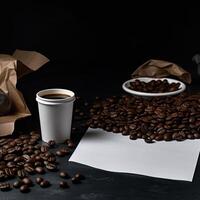 Coffee and coffee beans on black background AI generative photo