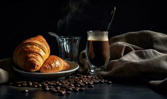 Coffee and coffee beans on black background AI generative photo