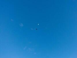 Airplane flying over a northern landscape at nighttime with half moon photo