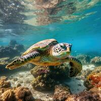 Turtle swimming underwater in tropical ocean photo