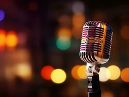 Retro styled image of a vintage microphone on a bokeh lights background photo