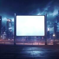 Blank billboard against a futuristic modern city skyline photo