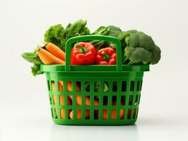 Green shopping basket full of food and groceries photo