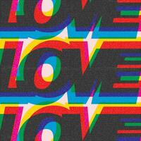 Love word CMYK colors overlap transparent with riso print effect vector illustration. Colorful graphic elements retro risograph technique.