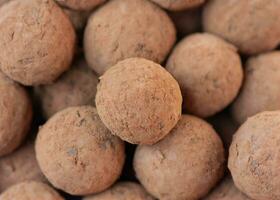 Desserts made of chocolate. Coated with cocoa powder A sphere Several overlays a beautiful background. photo