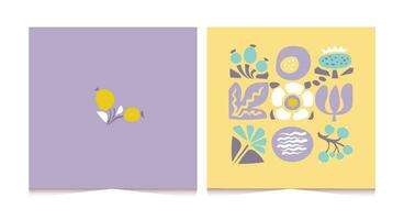 Set of vector backgrounds with flowers in trendy retro trippy style. Hippie 60s, 70s style. Yellow, violet colors.