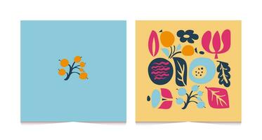 Set of vector backgrounds with flowers in trendy retro trippy style. Hippie 60s, 70s style. Yellow, orange, blue colors.