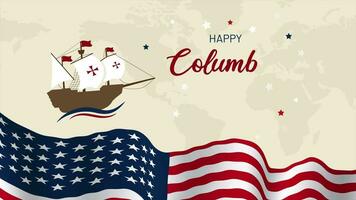 Happy Columbus Day October 14th animation with a ship and waving flag illustration on a world map background video