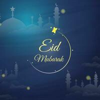 Eid Mubarak Social Media Post, Greeting Card, Banner, and Poster Design. Awesome Concept with Illuminated Butterflies, Fireflies Surrounding Eid Typography. Mosques in blue color scheme background. vector