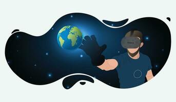 Metaverse Technology Futuristic 3D Flat Illustration Design. Man with Virtual Reality Viewing the Space and Taking the World in Hand. New Future Revolution Technology with New Generation. vector