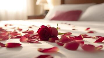 Rose on the bed in the hotel rooms. Rose and her petals on the bed for a romantic evening. honeymoon concept.  AI Generative photo