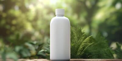 natural cosmético producto presentación entre bastidores. al aire libre bosque colocación. blanco blanco tarro champú botella. 3d. ai generativo foto