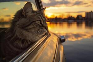 capturar un soñador reflexión por fotografiando un gato vistiendo Gafas de sol con un Clásico leica m6, destacando el textura y contraste de un antiguo Temporizador coche. ai generativo foto