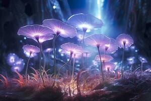 A bioluminescent alien crystal forest with flowers, bioluminescent carnivorous plants, AI Generative photo