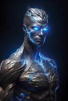 A man in a metal body with blue eyes looking at lightning. AI Generative photo