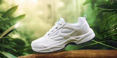 White Blank Sports shoes Mockup with natural theme background. AI Generative photo