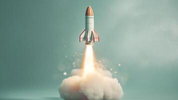 A small rocket takes off from a Laptop with vibrant color combinations in light sky blue and light gray colors for a website, business, and financial success concepts.  AI Generative photo