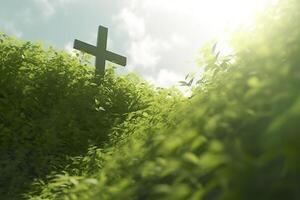 The cross of God with green Leaf, in the rays of the sun and blue sky. Cross on the hill with green trees and graeen natural view. Religious concept, AI Generative photo