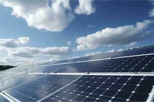 solar paneles debajo el antecedentes de azul cielo y blanco nubes ai generativo foto