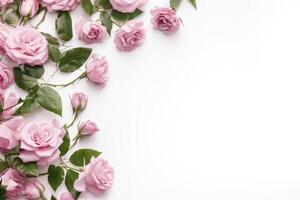 Close up of blooming pink roses flowers and petals isolated on white table background. Floral frame composition. Decorative web banner. Empty space, flat lay, top view. AI Generative photo