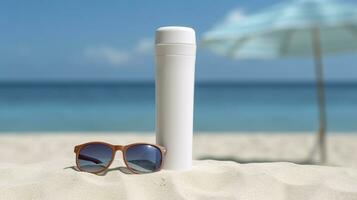 Blank empty white plastic tube. Sunscreen lotion on a sandy beach, summer composition with sunglasses, blue sea as background, copy space. Summer vacation and skin care concept, AI Generative photo