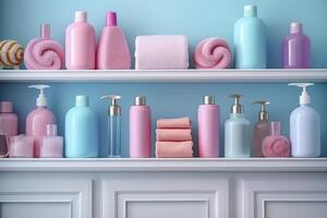 A pastel bathroom shelf with pink skincare products, copy space, banner, pink and pastel blue bright palette, barbiecore. AI Generative photo