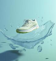 Fresh fly running shoes in water and wind in the style of natural patterns light white and light indigo ethereal illustration light blue and light green delicate still life. AI Generative photo