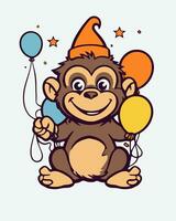 a cartoon monkey with balloons and a hat vector