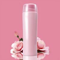 Amazon Product Picture Body Wash, Cylinder Bottle Solid Color pink background, with roses, AI Generative photo