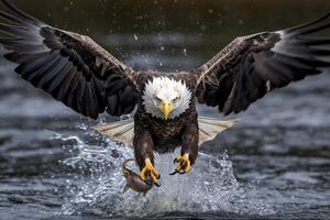 Fishing Bald Eagle, a bald eagle facing camera catches a fish out of the water, in the style of National Geographic contest winner, super telephoto close up. AI Generative photo