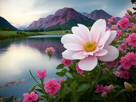 Beautiful flowers with beautiful scenery. AI image generate photo
