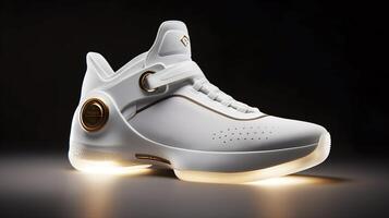 Futuristic fashion original sneakers. Future design of stylish sports shoes with neon glow, futuristic urban aesthetics. Sportswear, style and fashion, tomorrow footwear. AI Generative photo