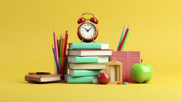 popular Arte ilustración de colegio accesorios con manzanas, libros, y un alarma reloj en el colegio antecedentes. espalda a colegio concepto. 3d representación, ai generativo foto